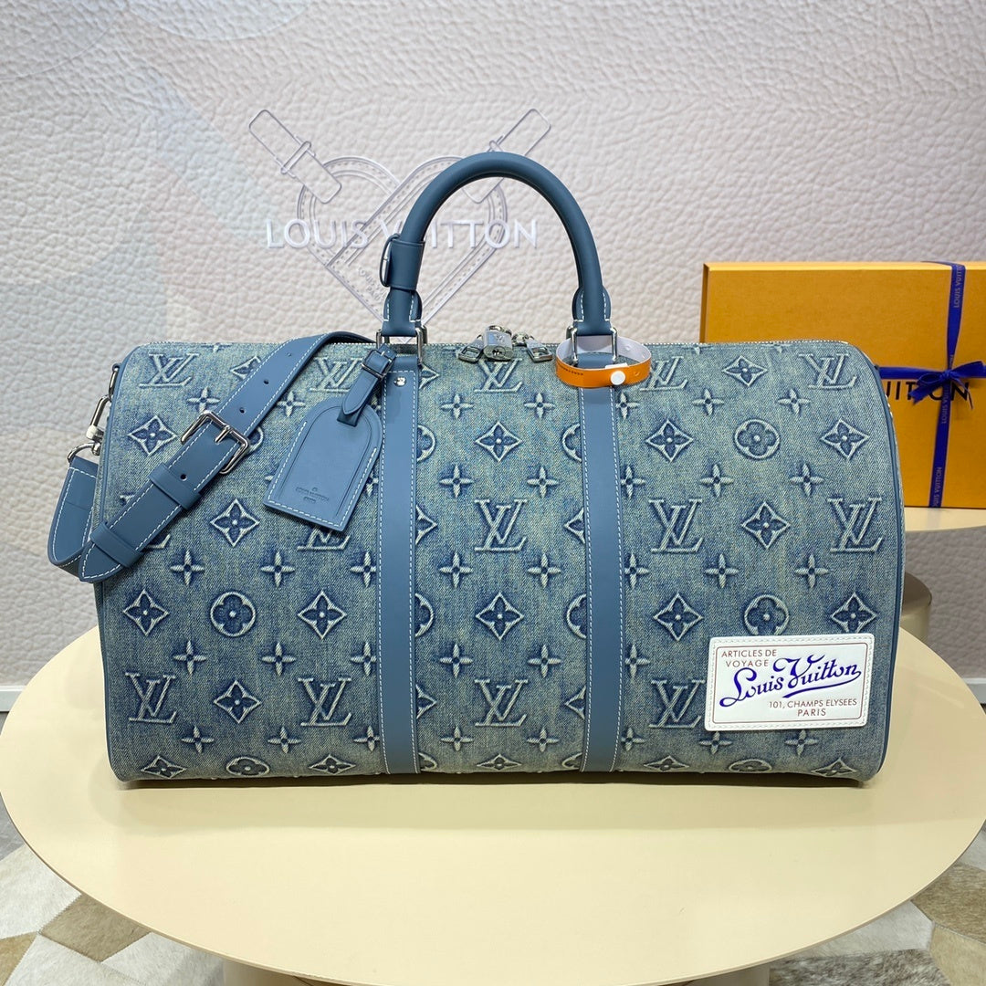 Louis Vuitton Keepall Bandoulière 50 Travel Bag (Washed Denim)
