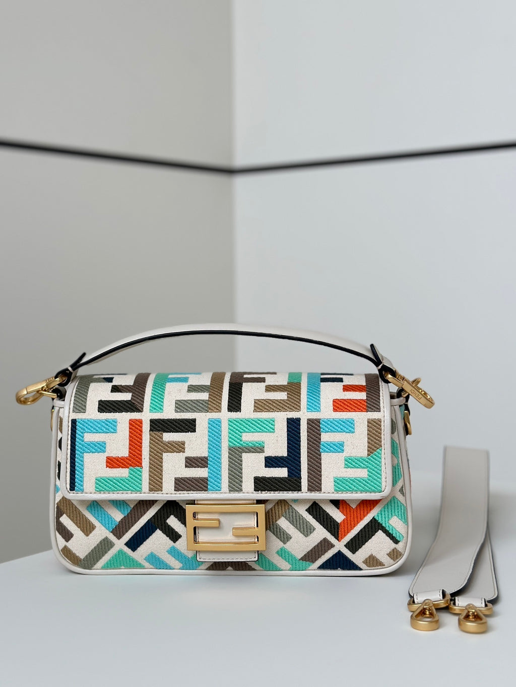FENDI Baguette Canvas Embroidered Handbag