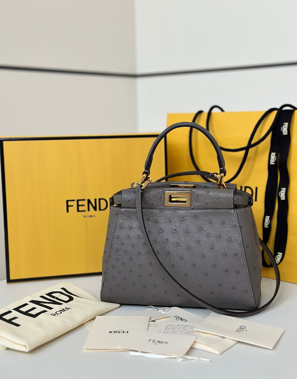 FENDI Peekaboo Ostrich Leather Handbag