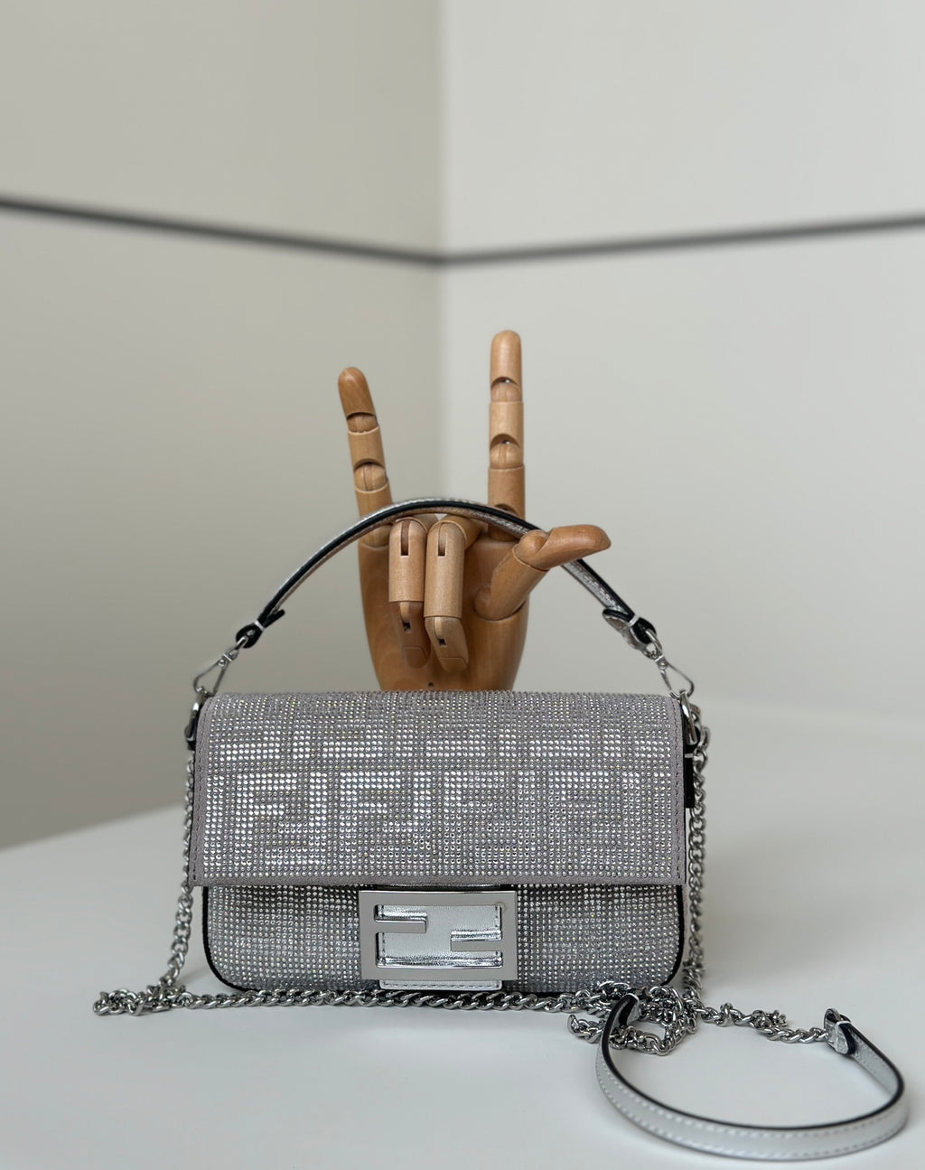 FENDI Mini Baguette Crystal-Embellished Handbag