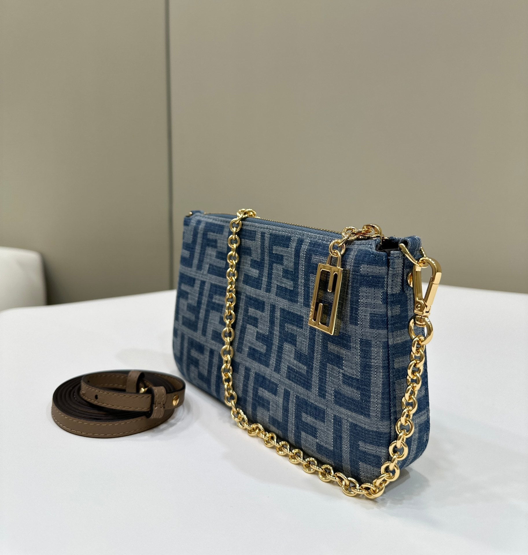 FENDI Denim FF Clutch with Chain