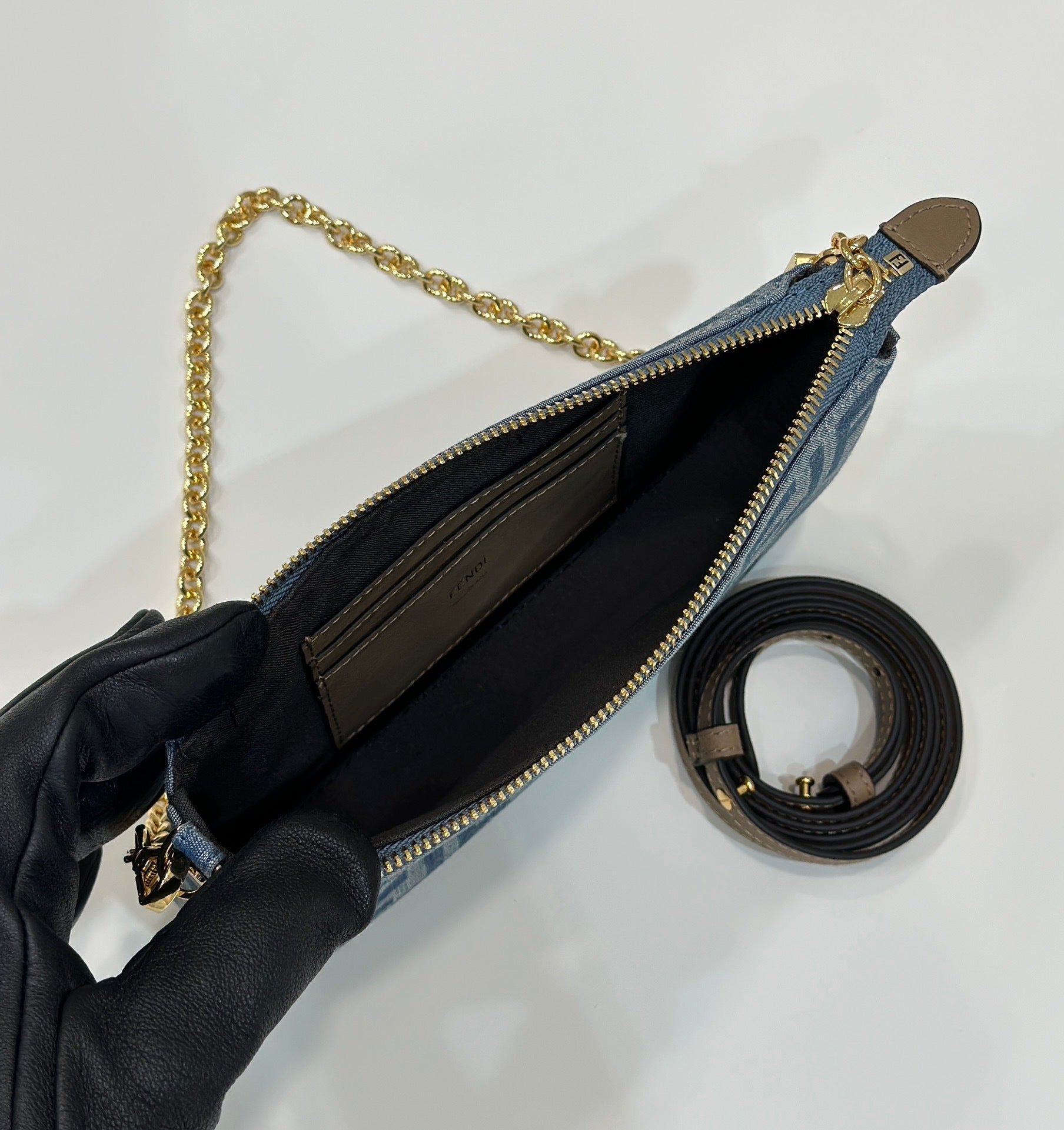 FENDI Denim FF Clutch with Chain