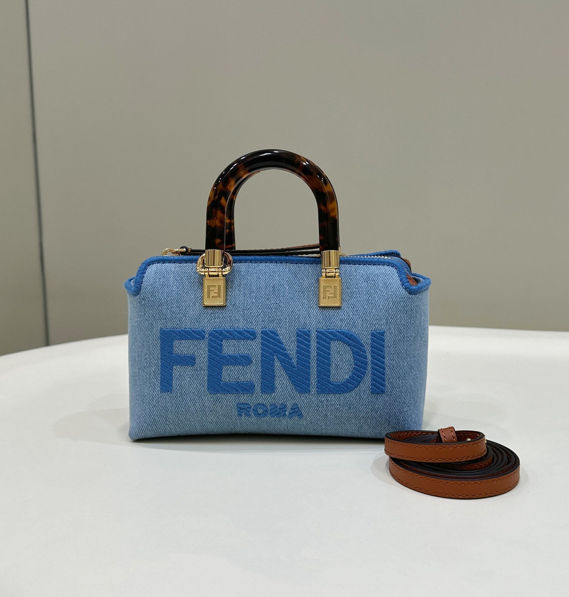 FENDI By The Way Mini Boston Denim Handbag