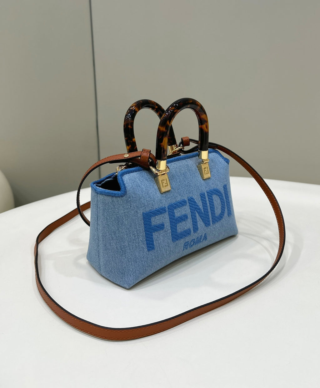 FENDI By The Way Mini Boston Denim Handbag
