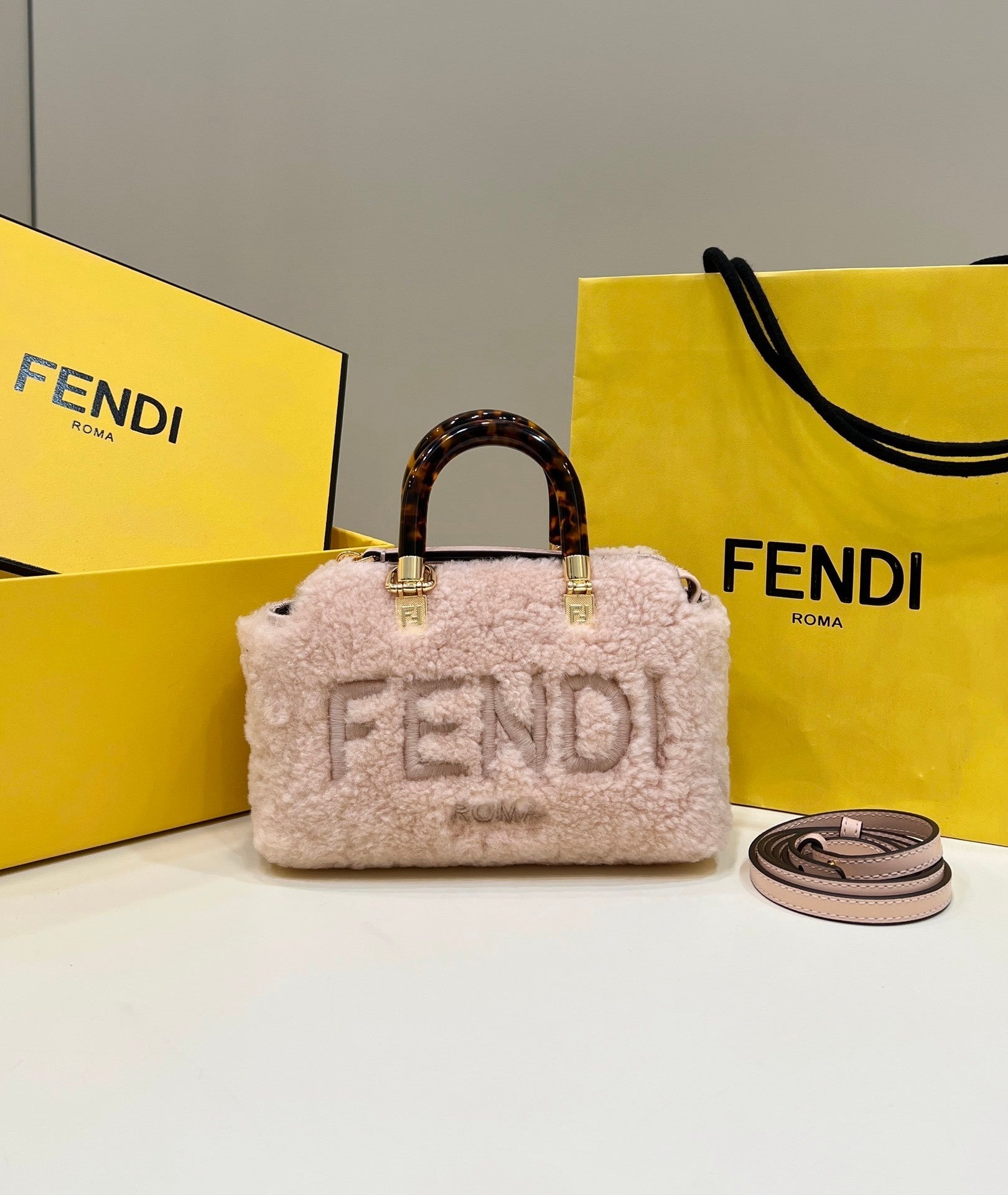 FENDI By The Way Mini Boston Shearling Handbag