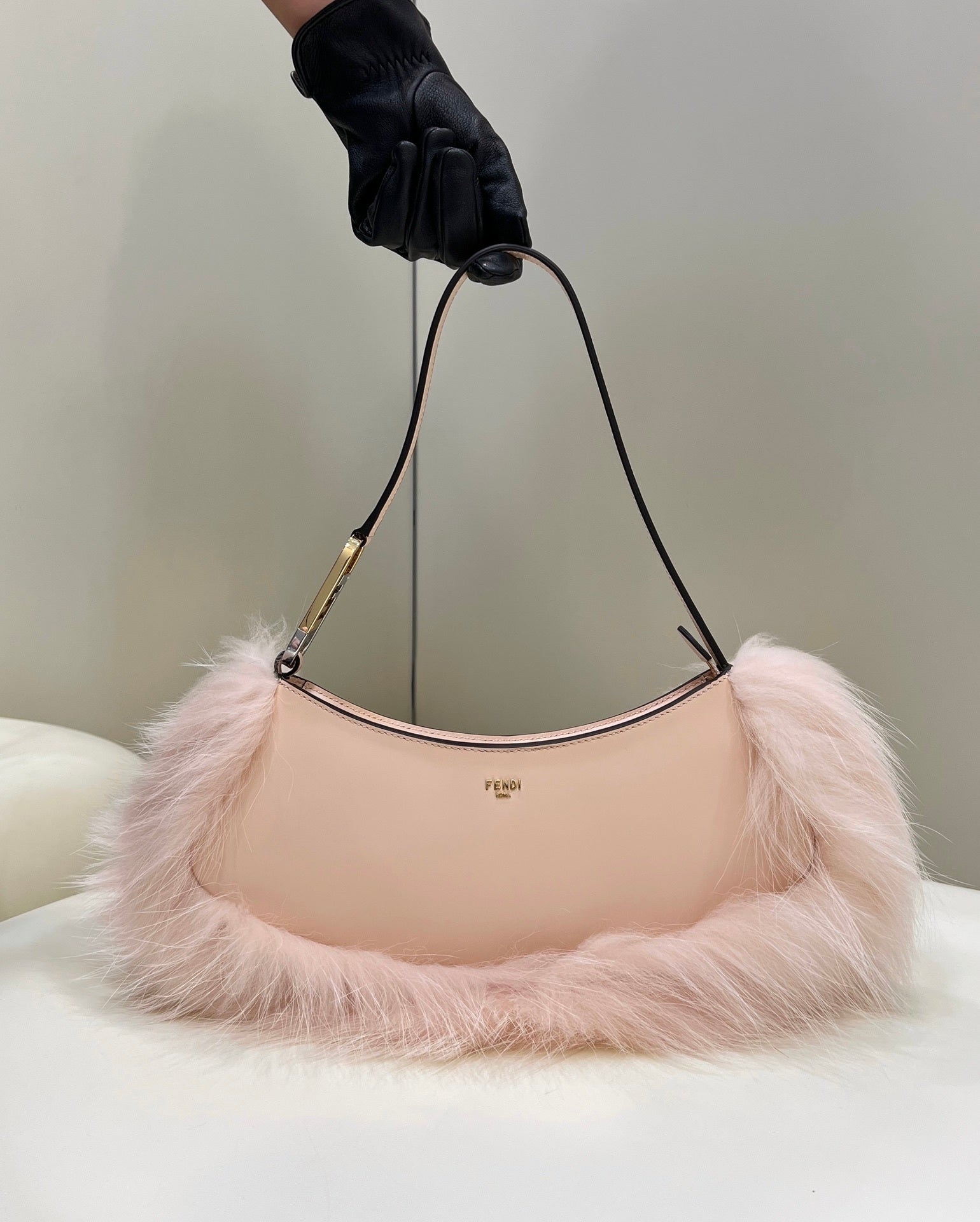 FENDI O’Lock Fur-Trim Underarm Bag