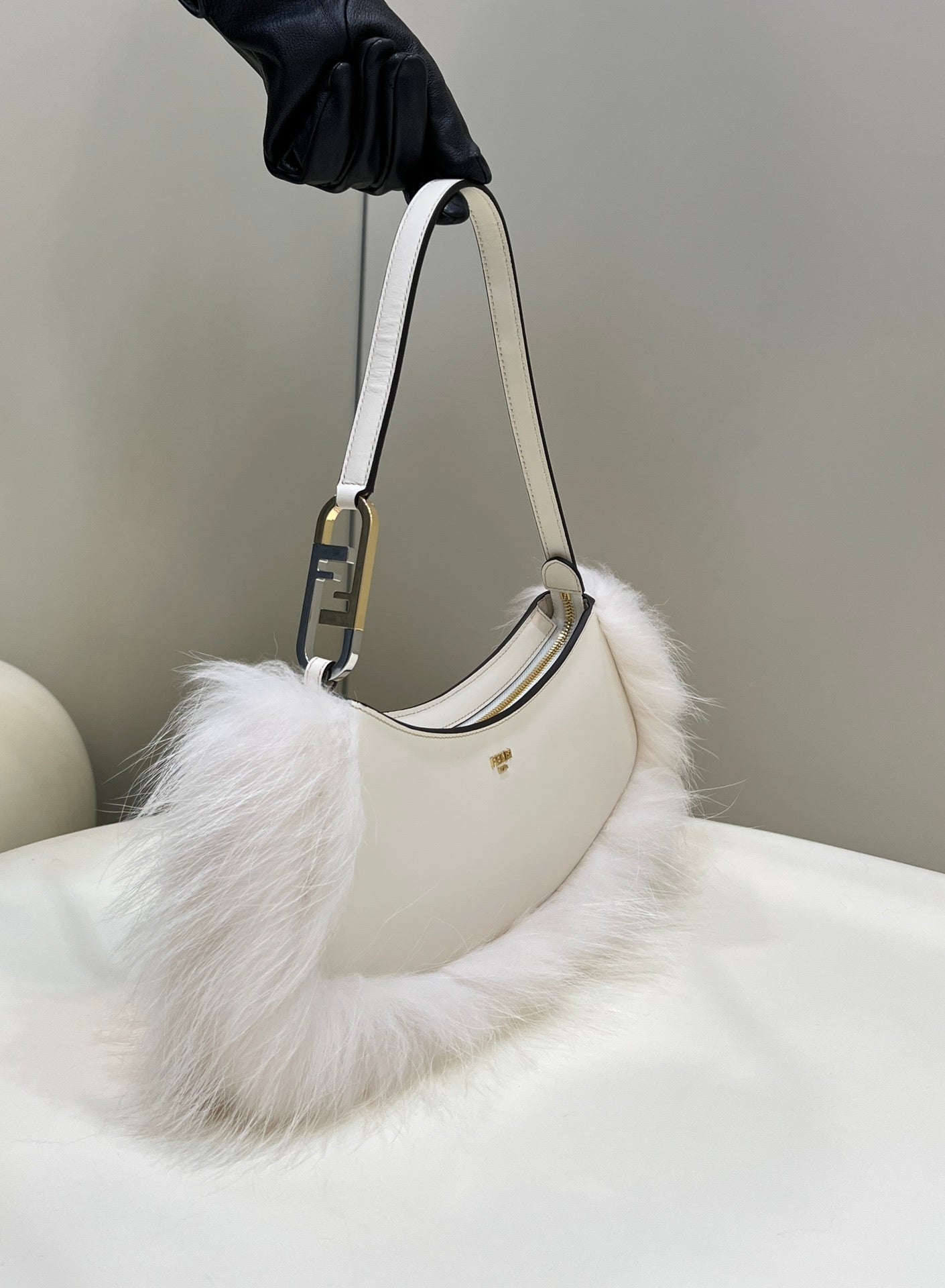 FENDI O’Lock Fur-Trim Underarm Bag
