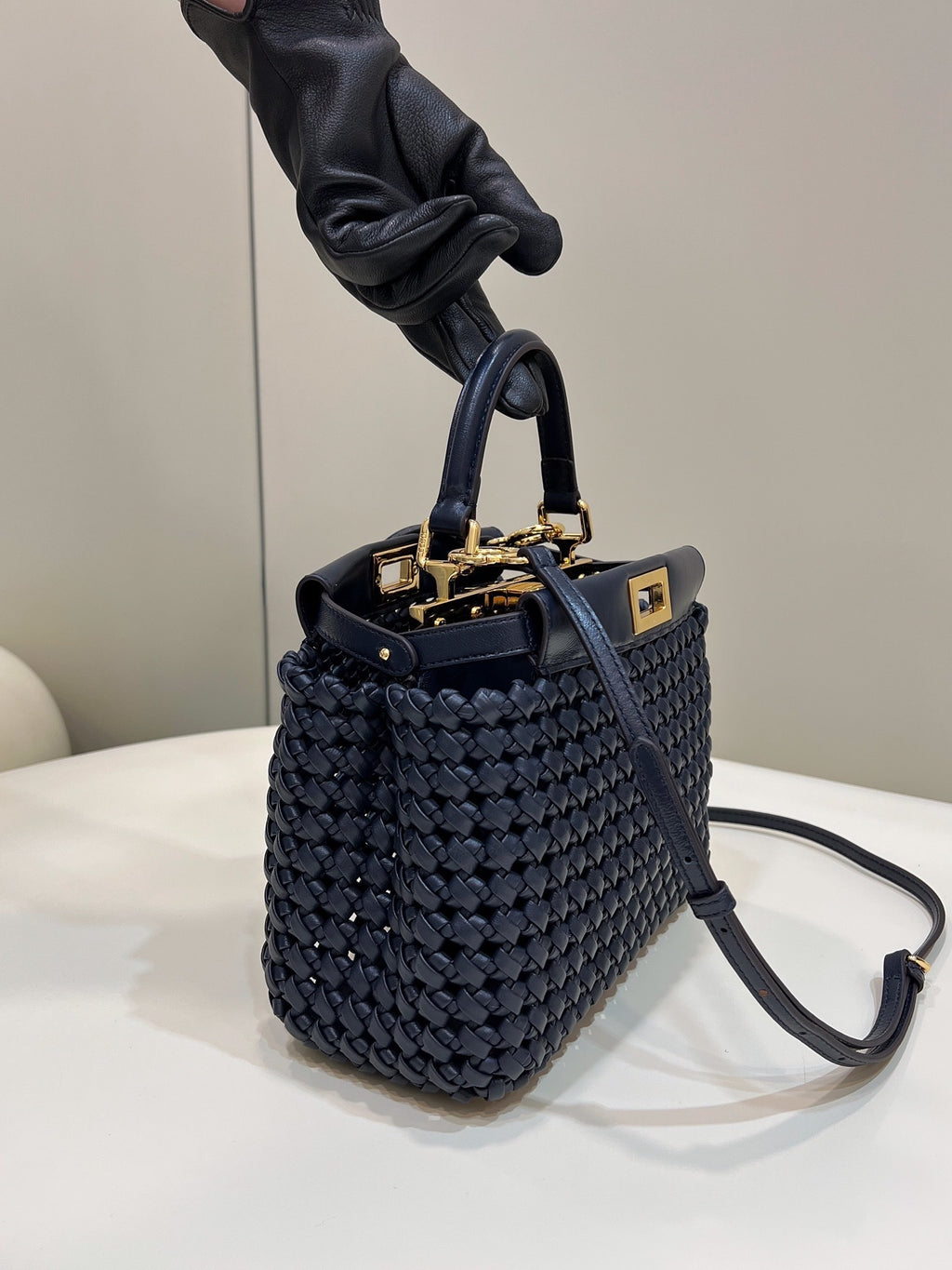 FENDI Peekaboo Handwoven Leather Handbag