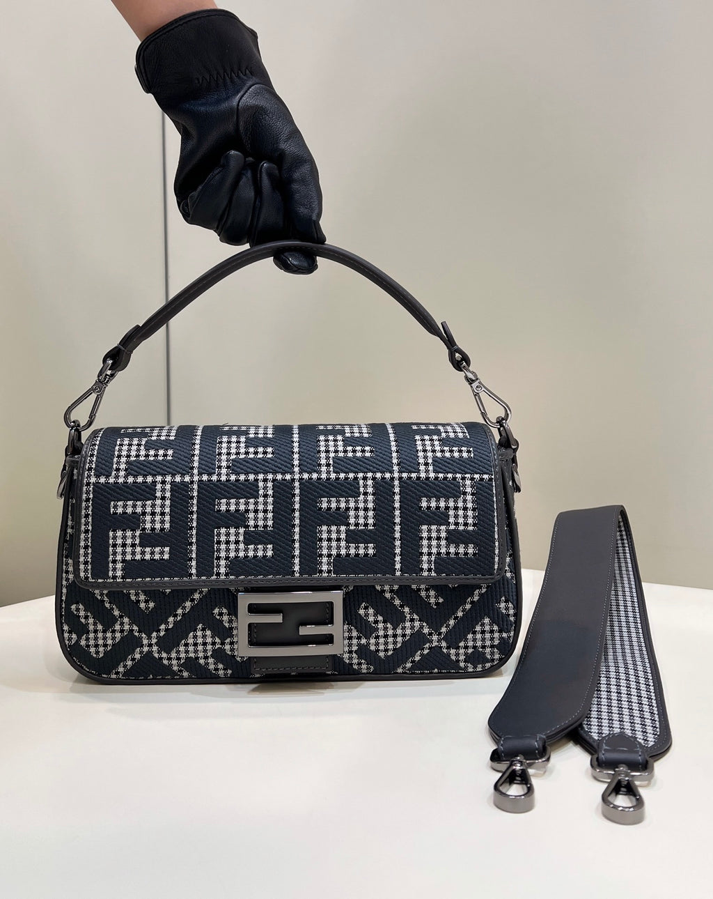 FENDI Houndstooth FF Baguette Handbag