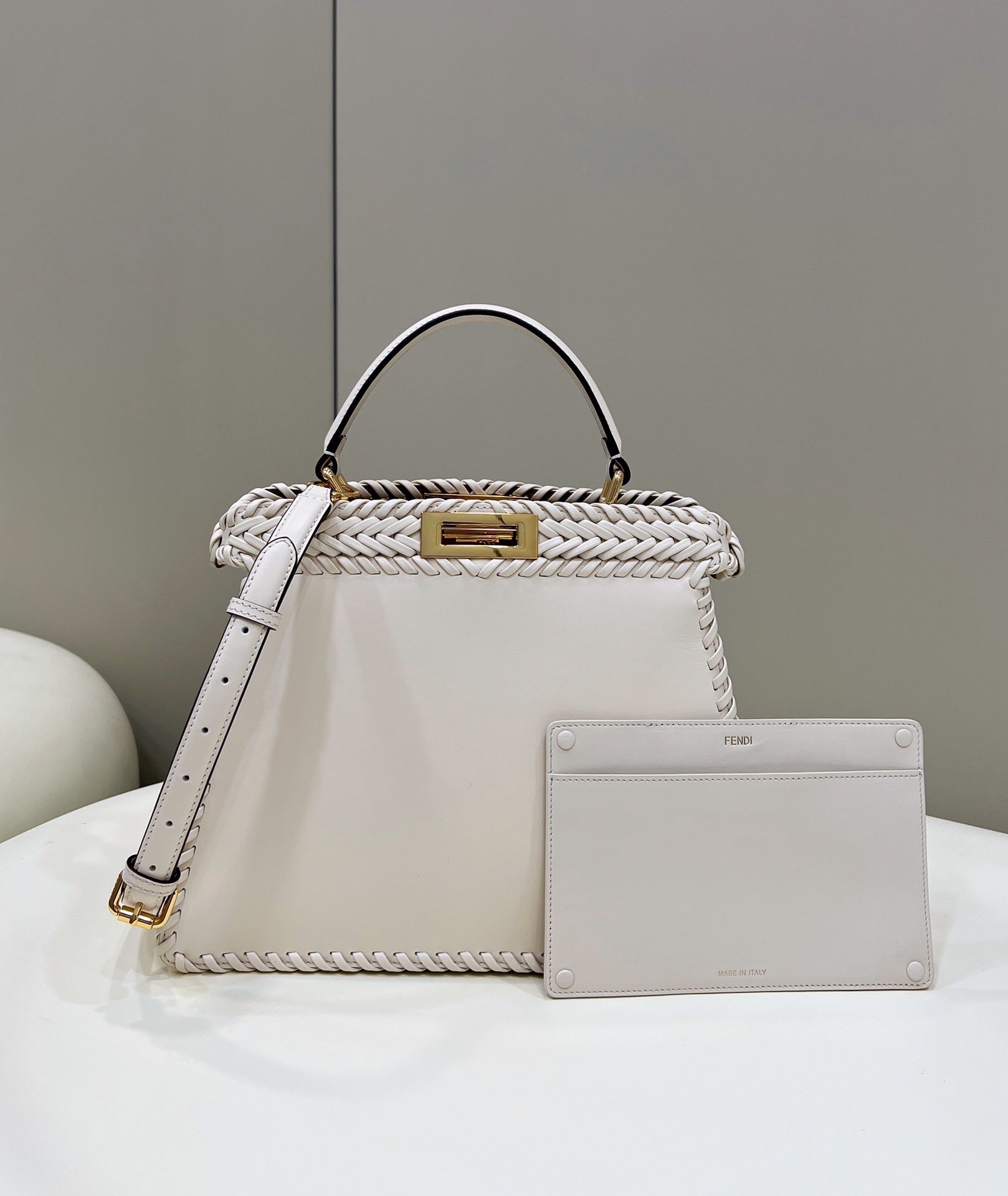 FENDI Peekaboo Handwoven Leather Large Handbag