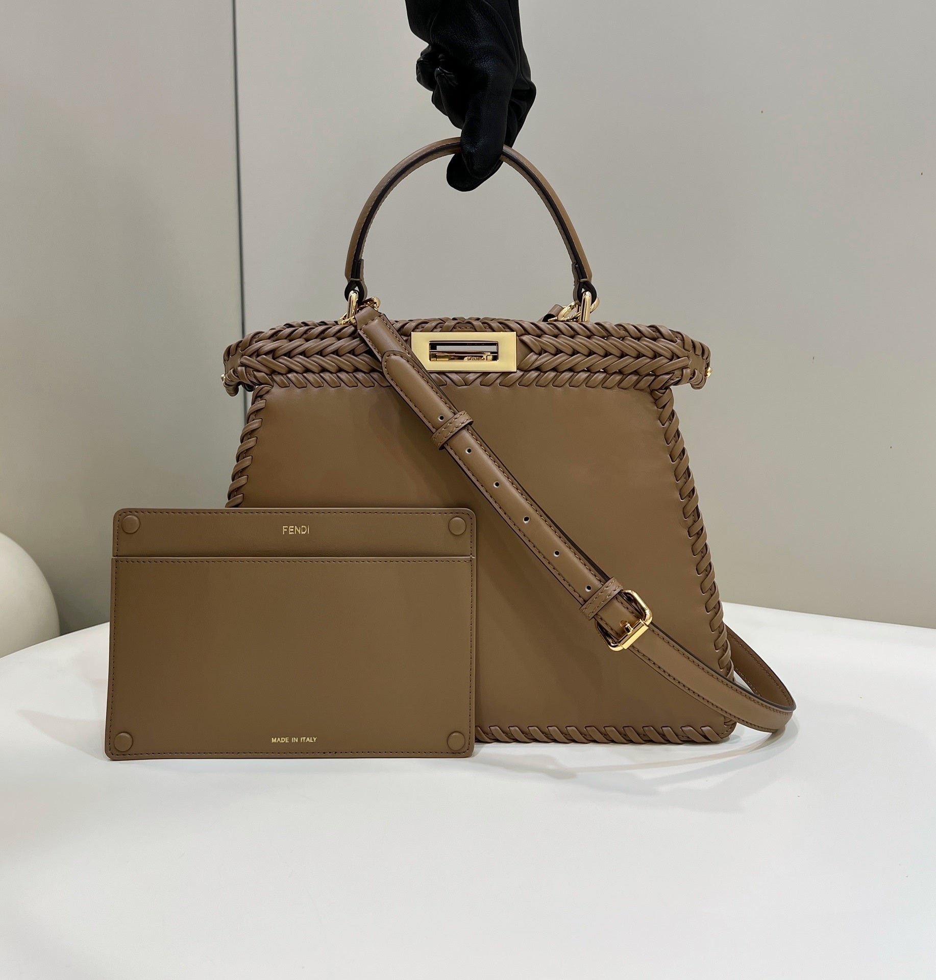 FENDI Peekaboo Handwoven Leather Large Handbag