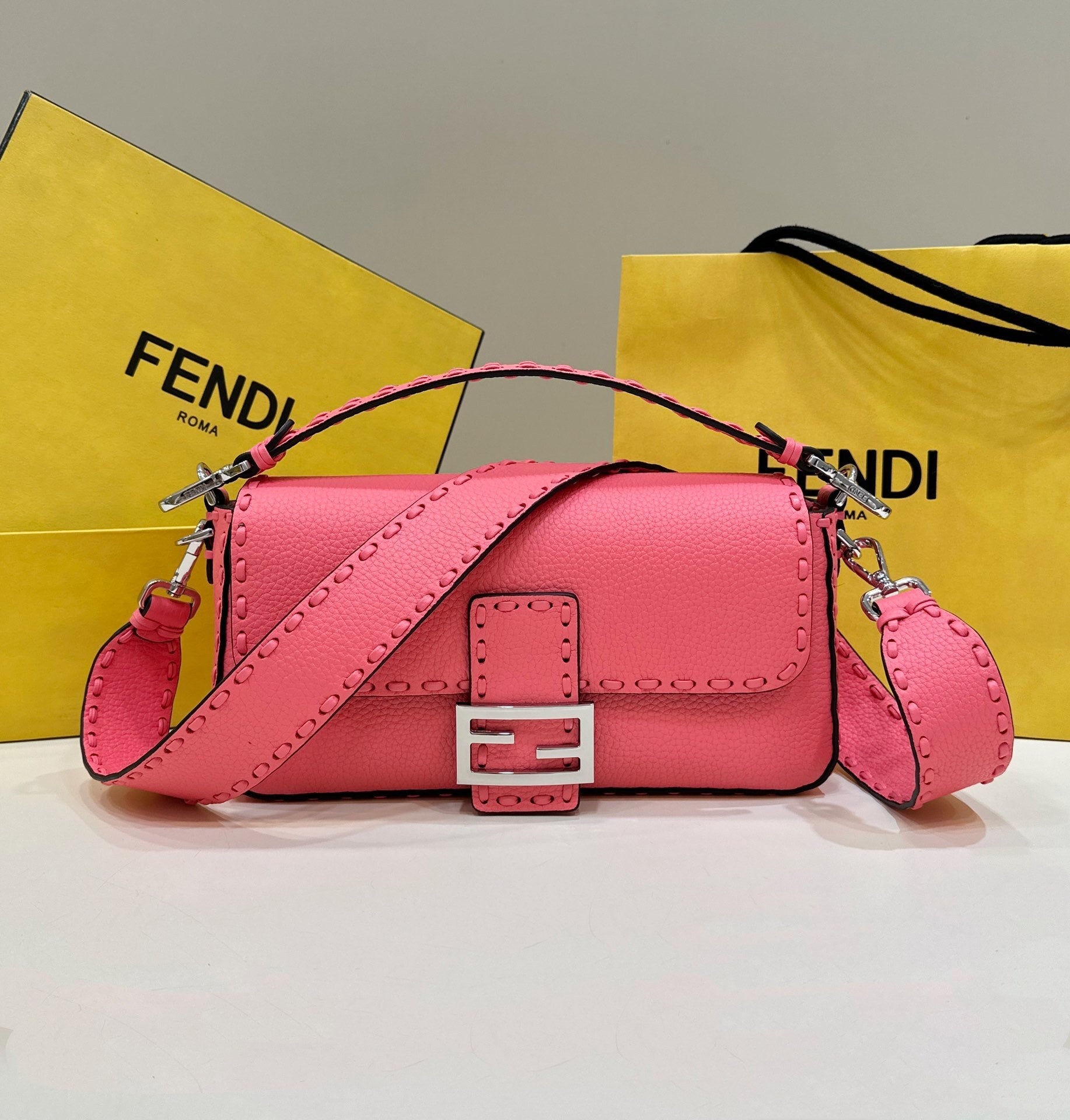 FENDI Hand-Stitched Baguette Leather Handbag