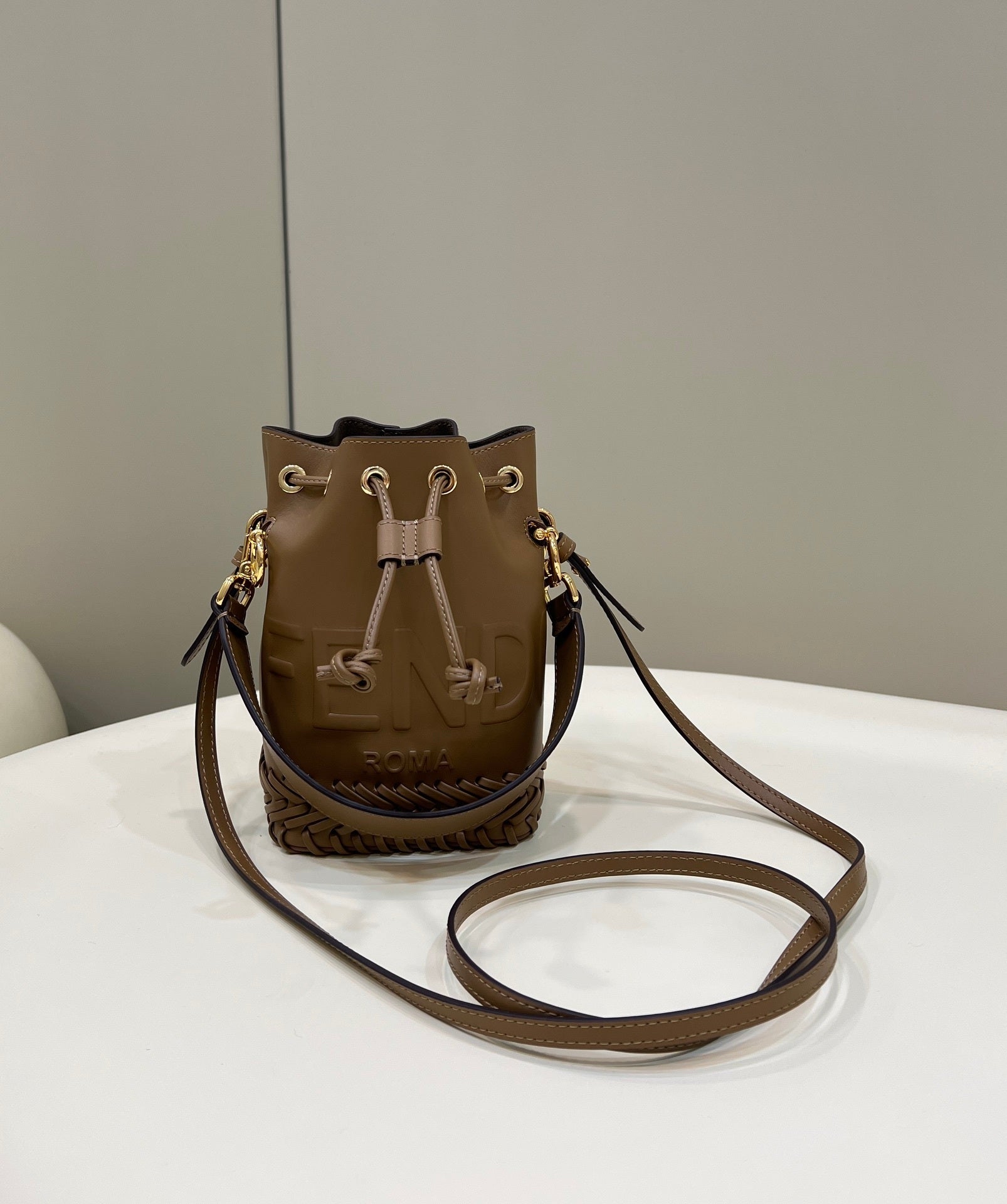 FENDI Mini Woven-Base Leather Bucket Bag