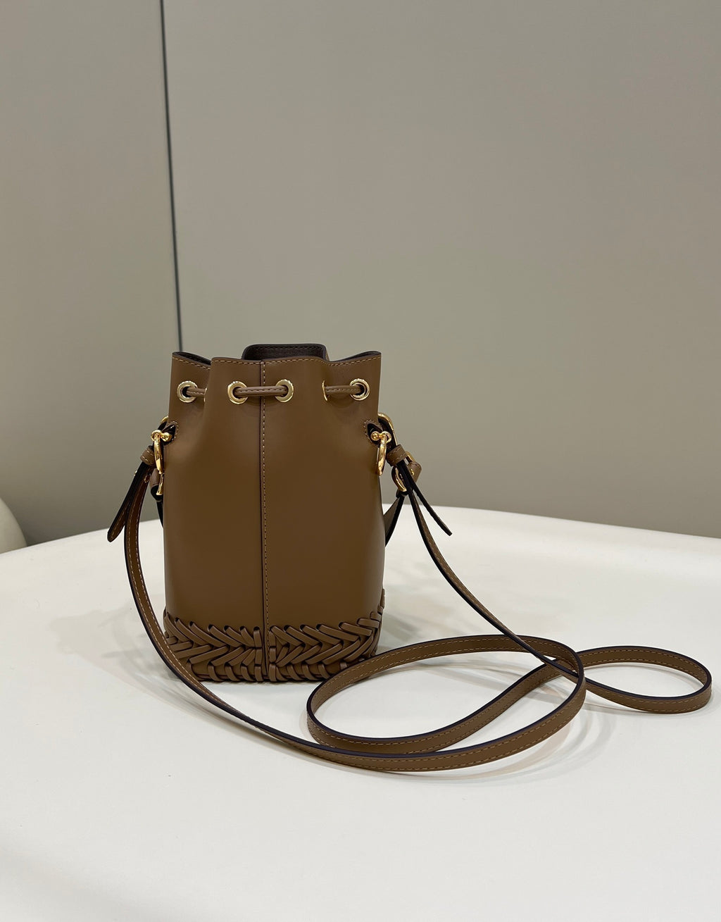 FENDI Mini Woven-Base Leather Bucket Bag