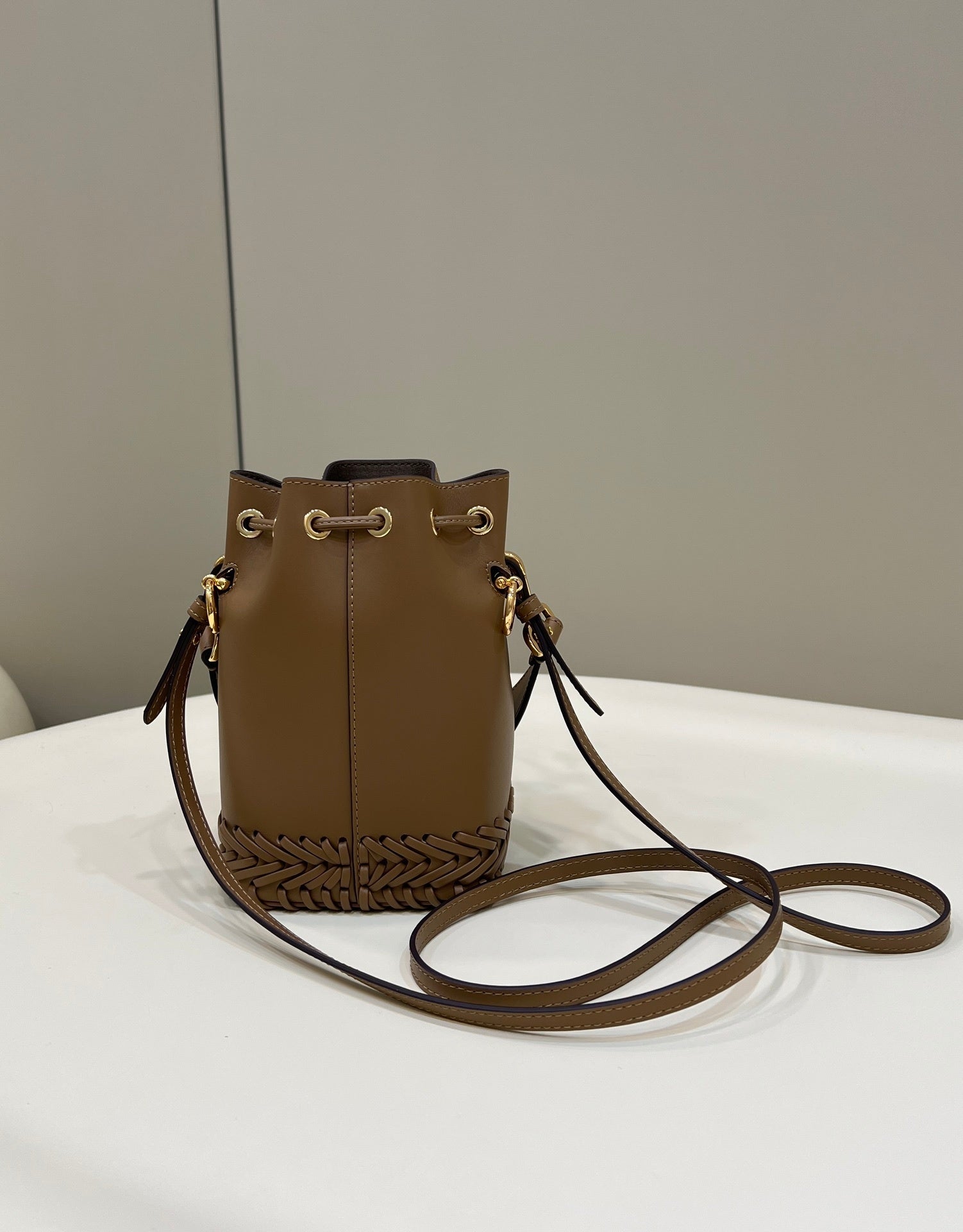 FENDI Mini Woven-Base Leather Bucket Bag