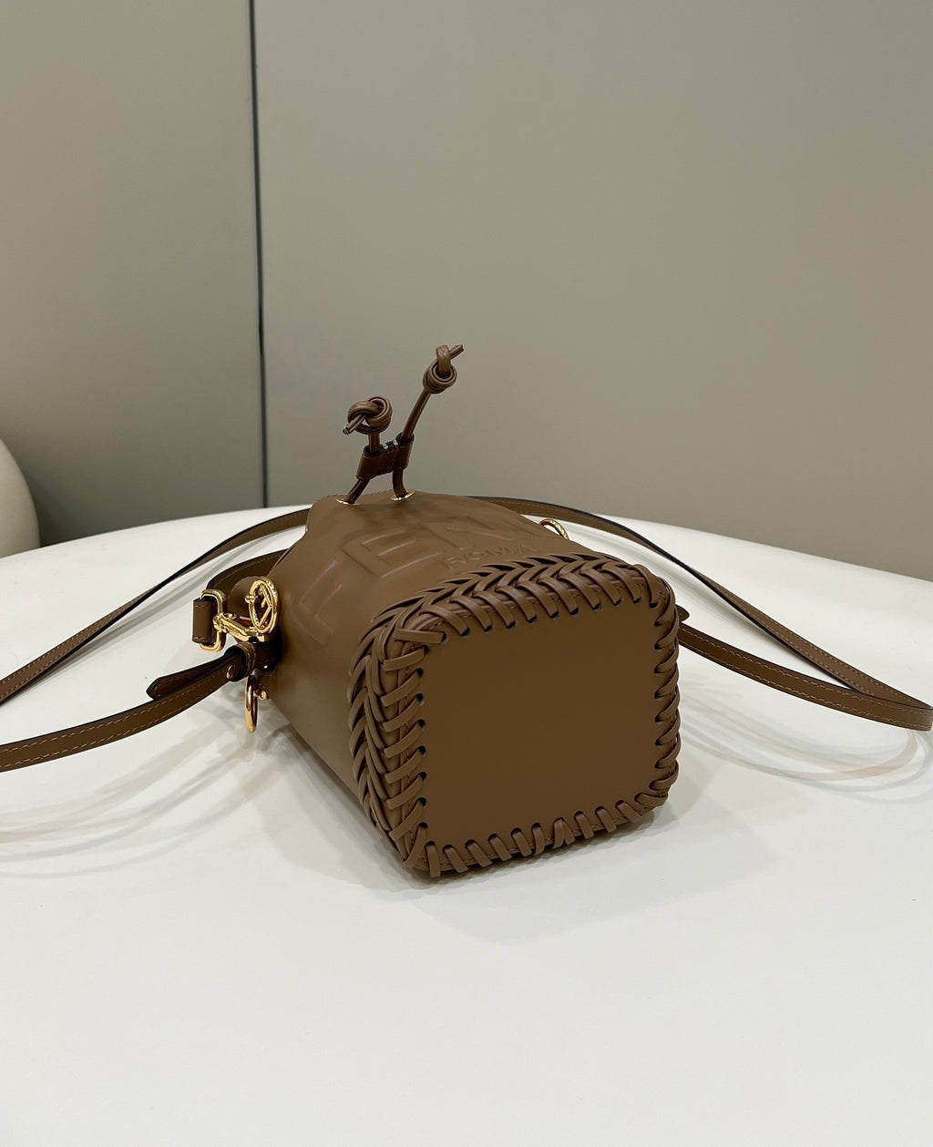 FENDI Mini Woven-Base Leather Bucket Bag