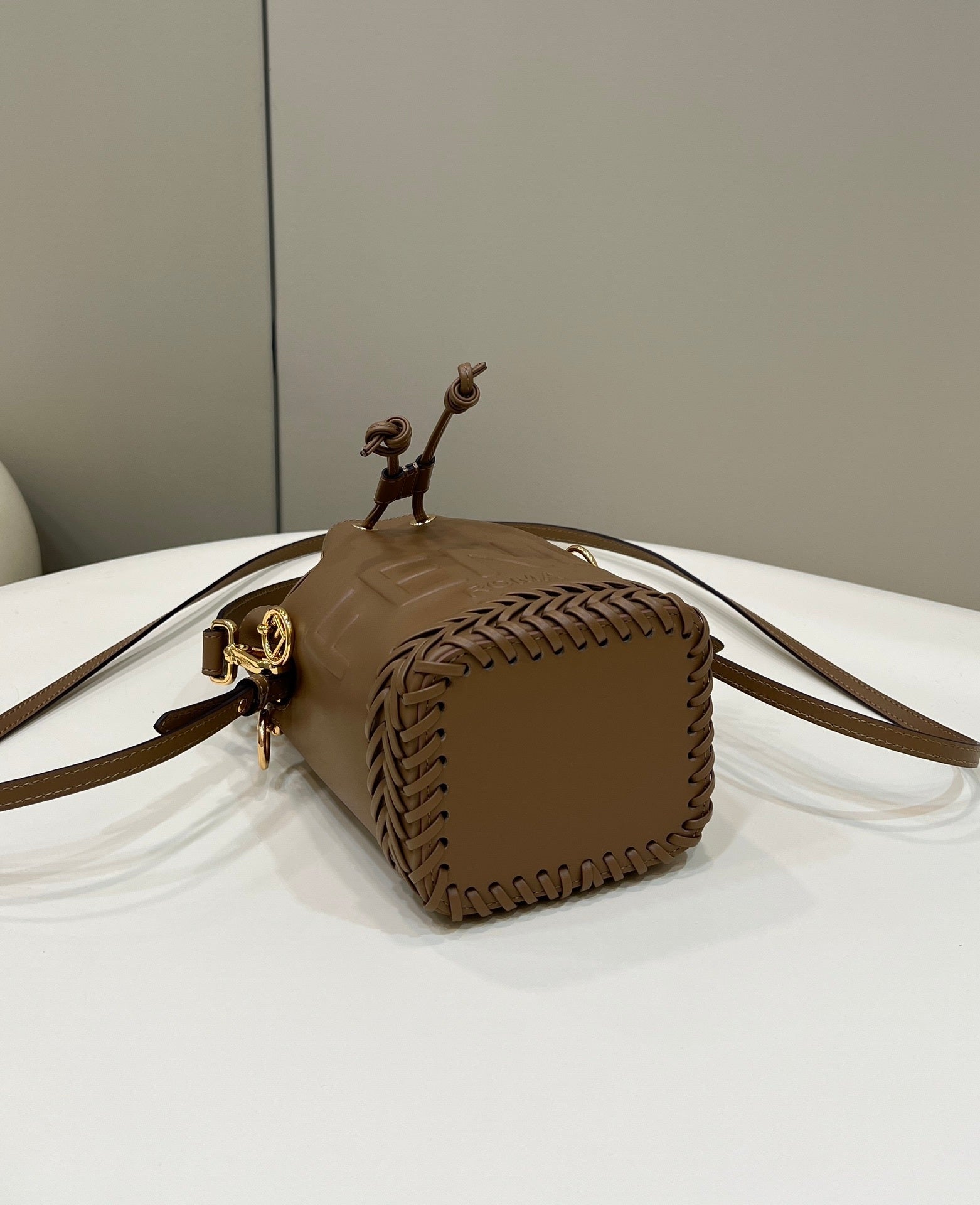FENDI Mini Woven-Base Leather Bucket Bag
