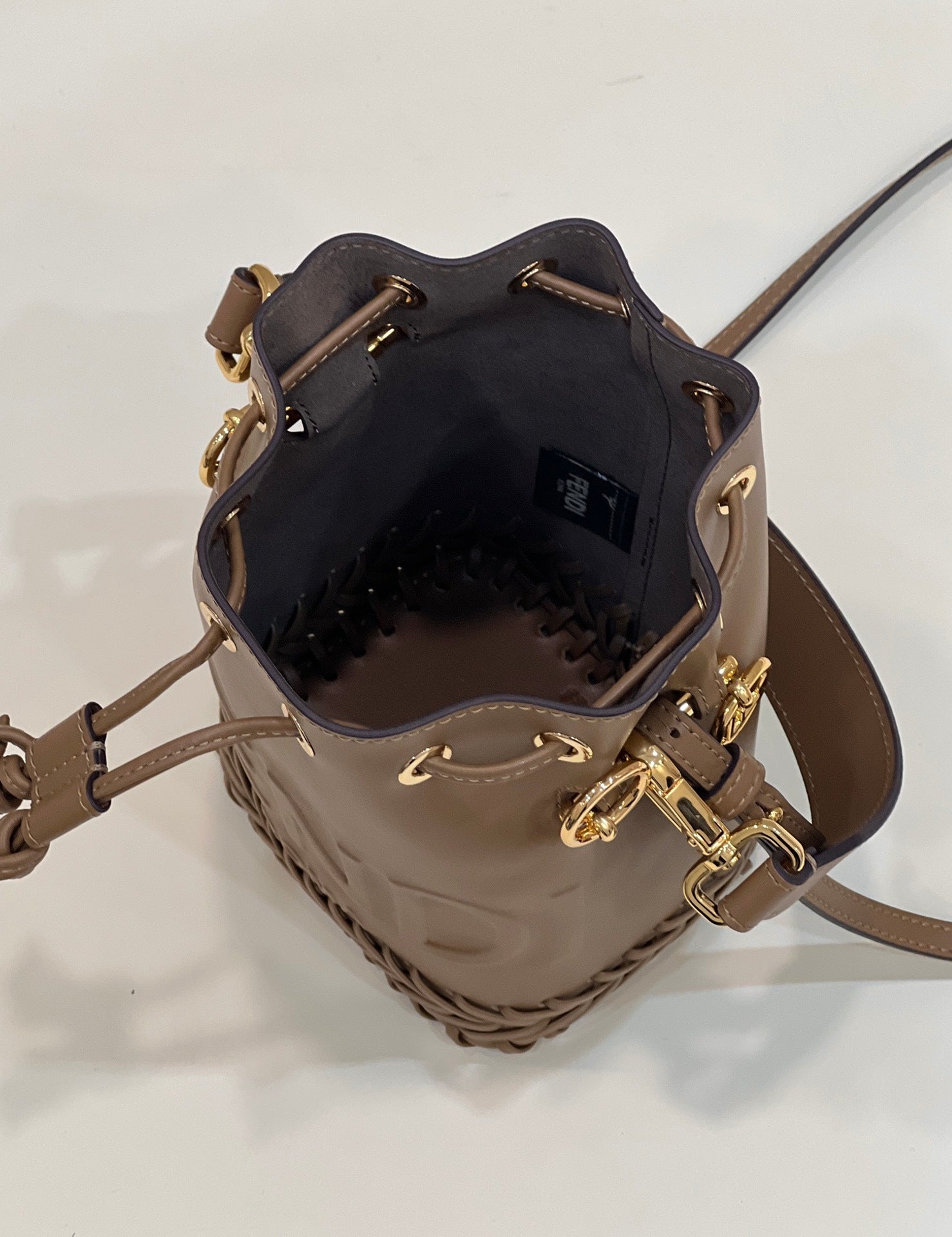 FENDI Mini Woven-Base Leather Bucket Bag