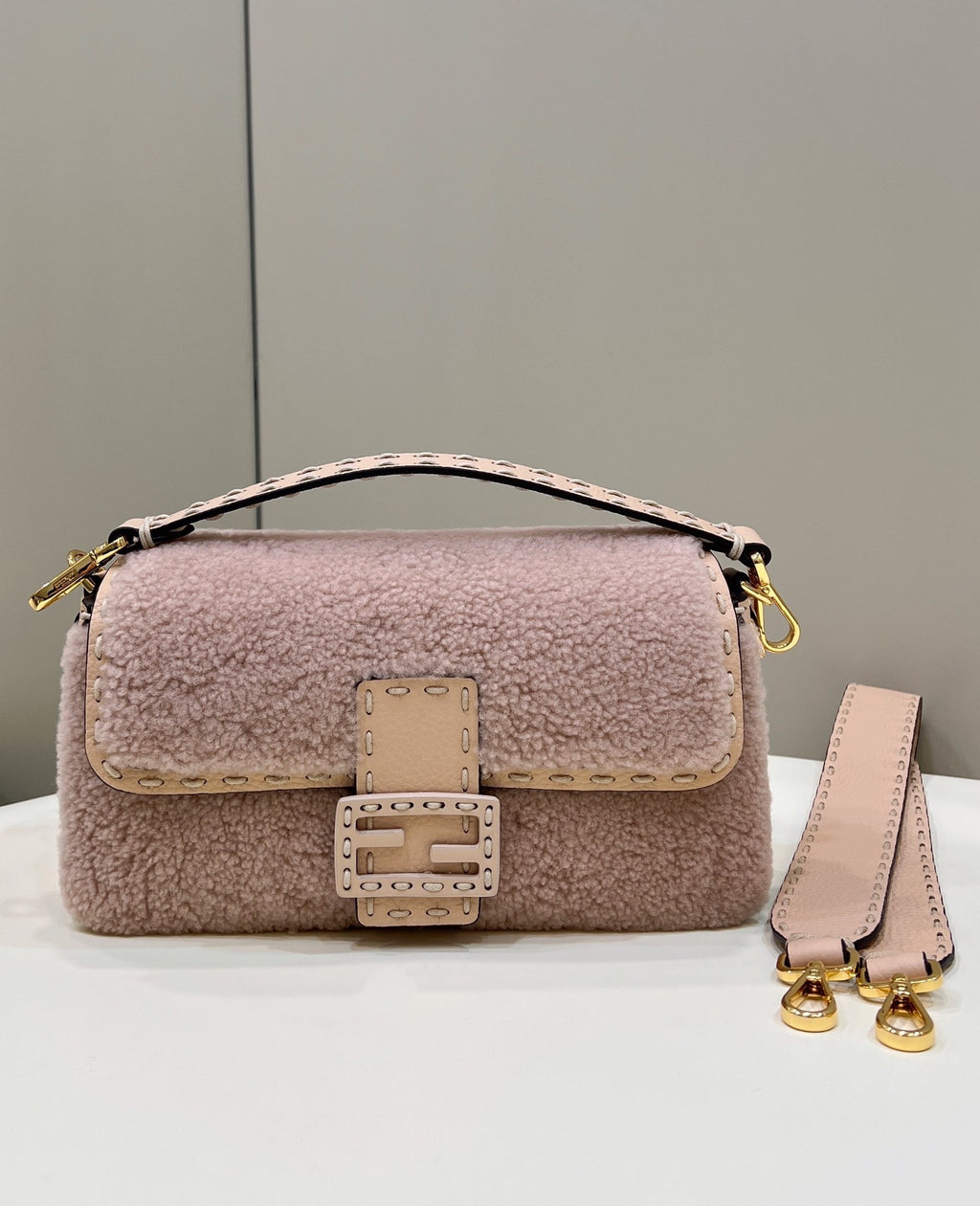 FENDI Shearling Baguette Handbag