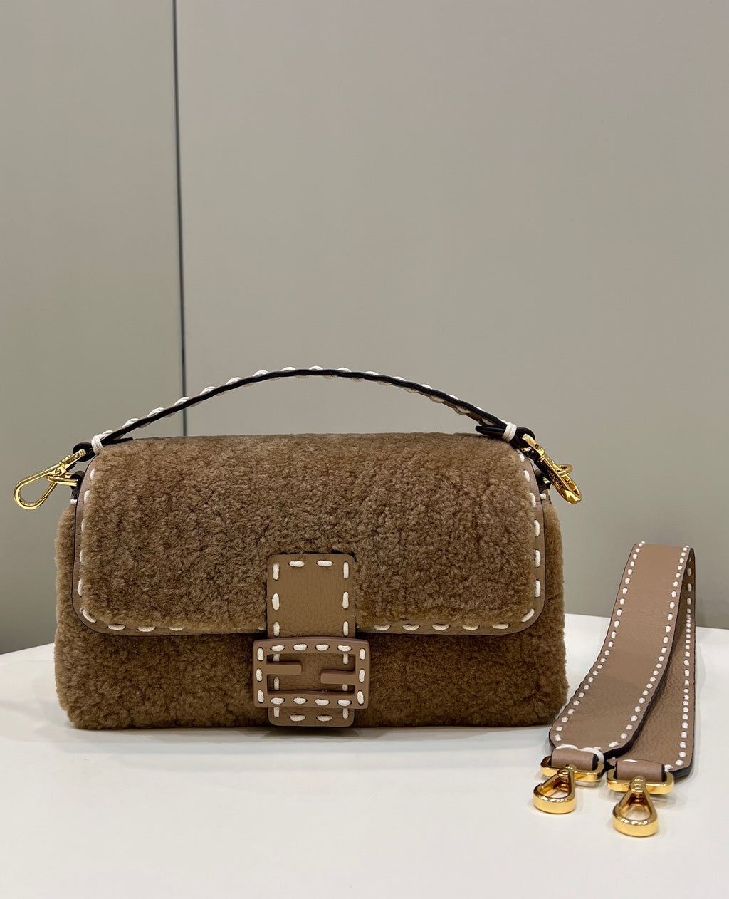 FENDI Shearling Baguette Handbag