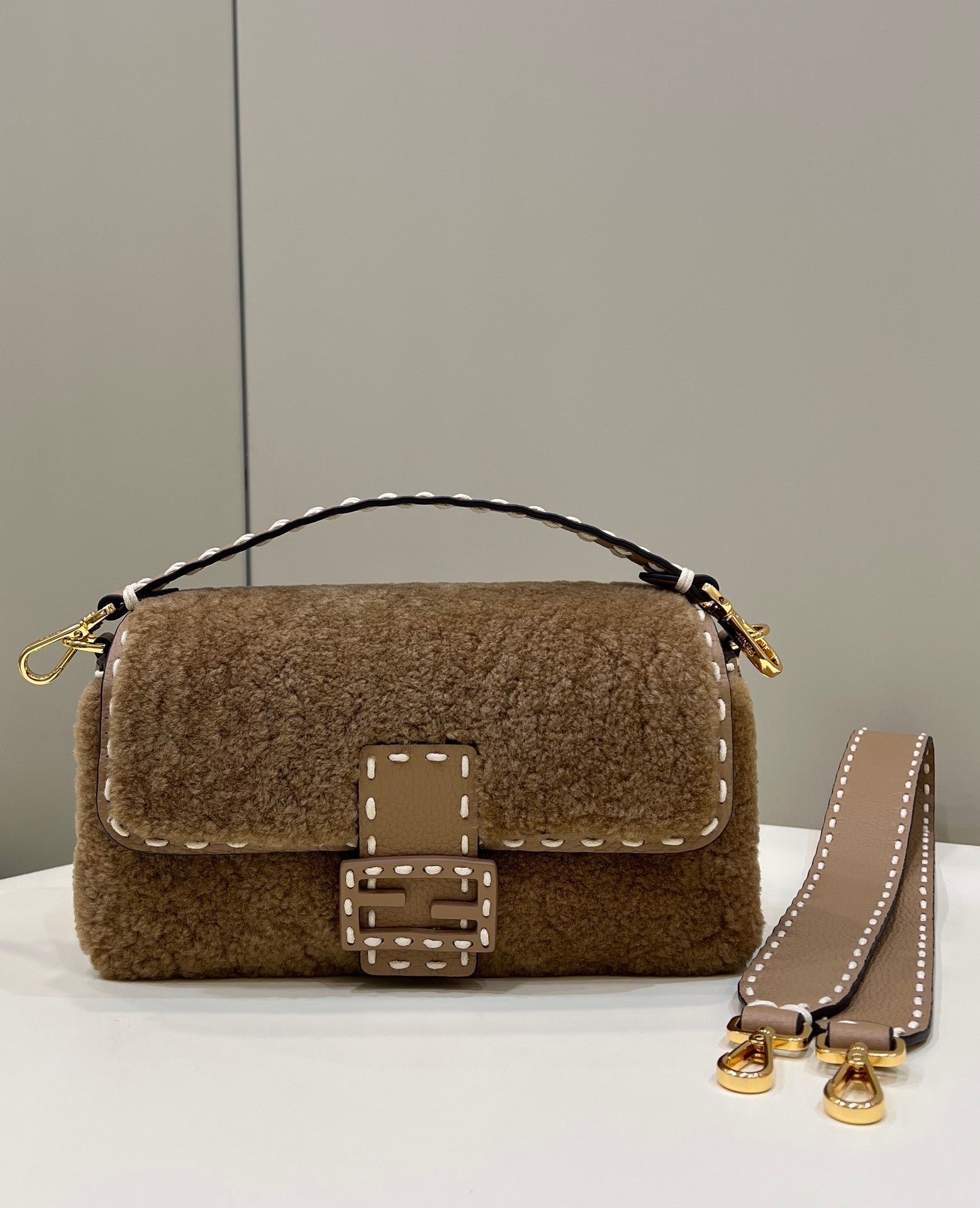 FENDI Shearling Baguette Handbag