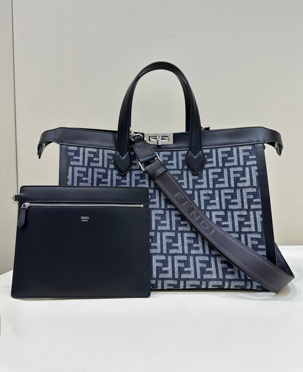 FENDI Peekaboo Denim-Trim Large Tote