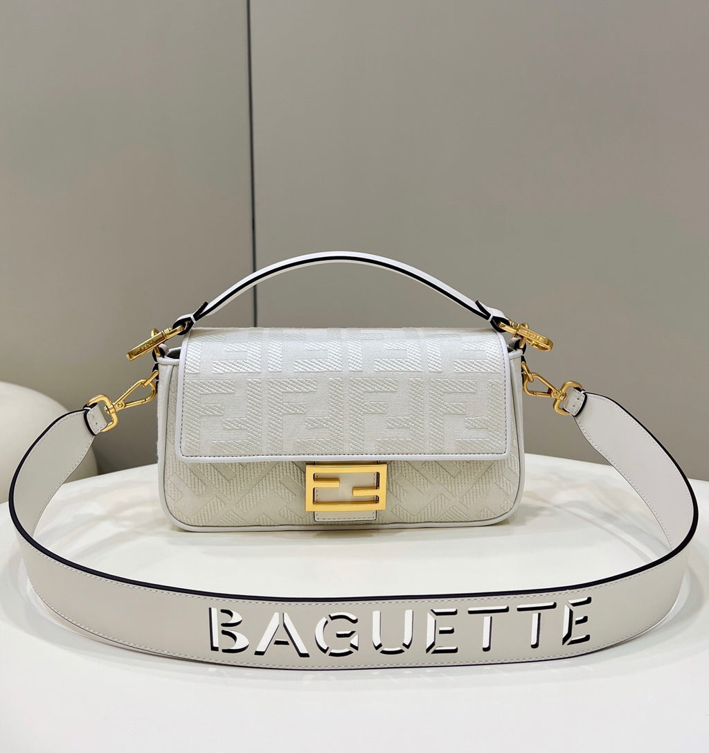 FENDI Baguette FF Embroidered Canvas Bag