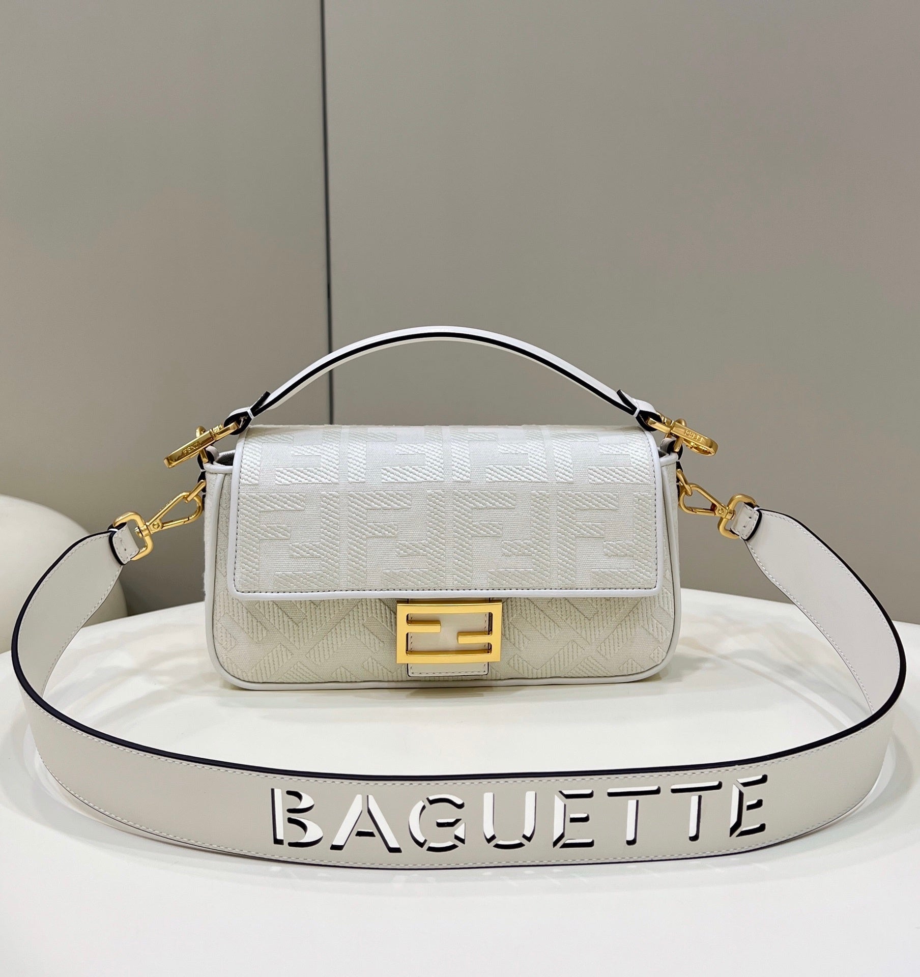 FENDI Baguette FF Embroidered Canvas Bag