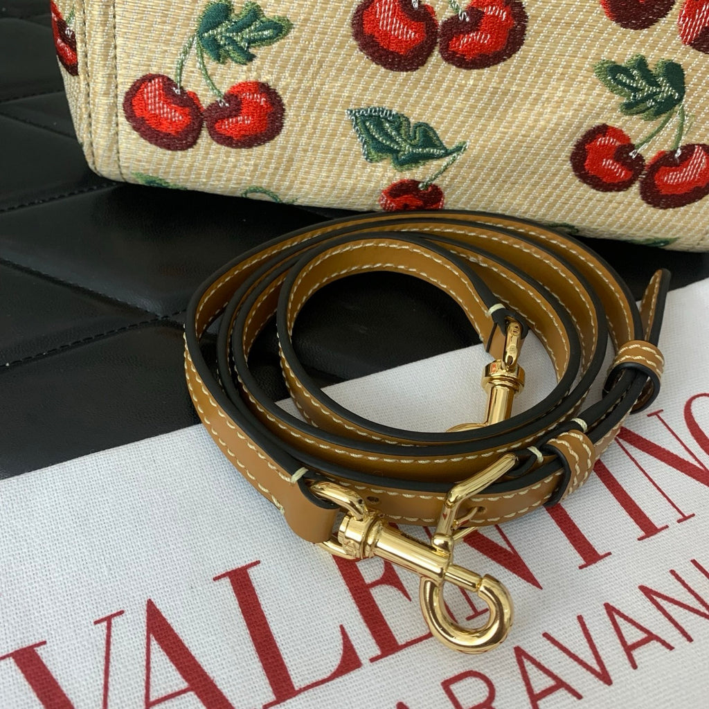 VALENTINO Garavani Antibes Cherry Jacquard Raffia Handbag