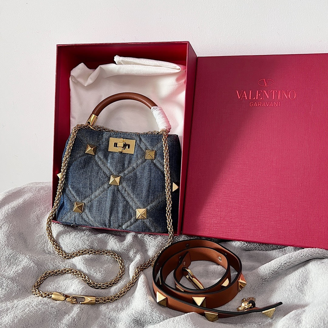VALENTINO Garavani Roman Stud Oversized Denim Chain Shoulder Bag