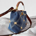 VALENTINO Garavani Roman Stud Oversized Denim Chain Shoulder Bag