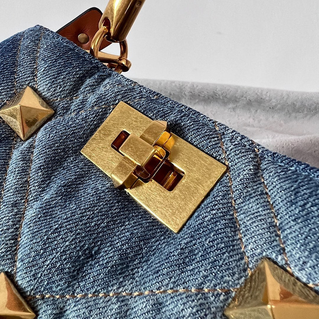 VALENTINO Garavani Roman Stud Oversized Denim Chain Shoulder Bag