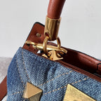 VALENTINO Garavani Roman Stud Oversized Denim Chain Shoulder Bag