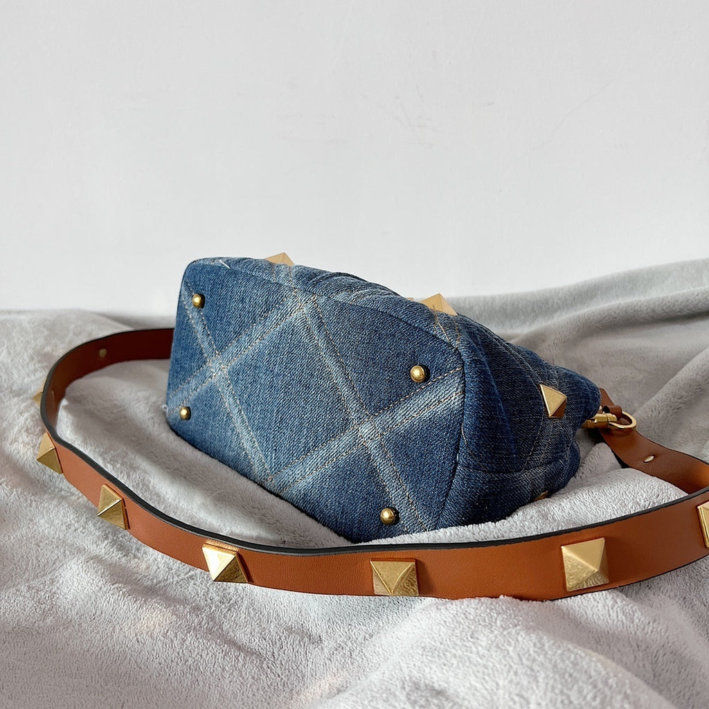 VALENTINO Garavani Roman Stud Oversized Denim Chain Shoulder Bag