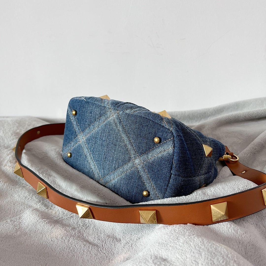 VALENTINO Garavani Roman Stud Oversized Denim Chain Shoulder Bag