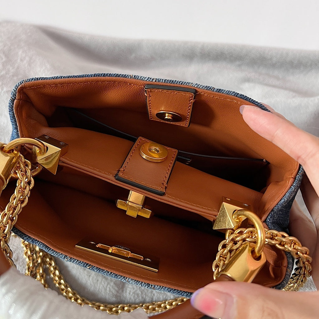 VALENTINO Garavani Roman Stud Oversized Denim Chain Shoulder Bag