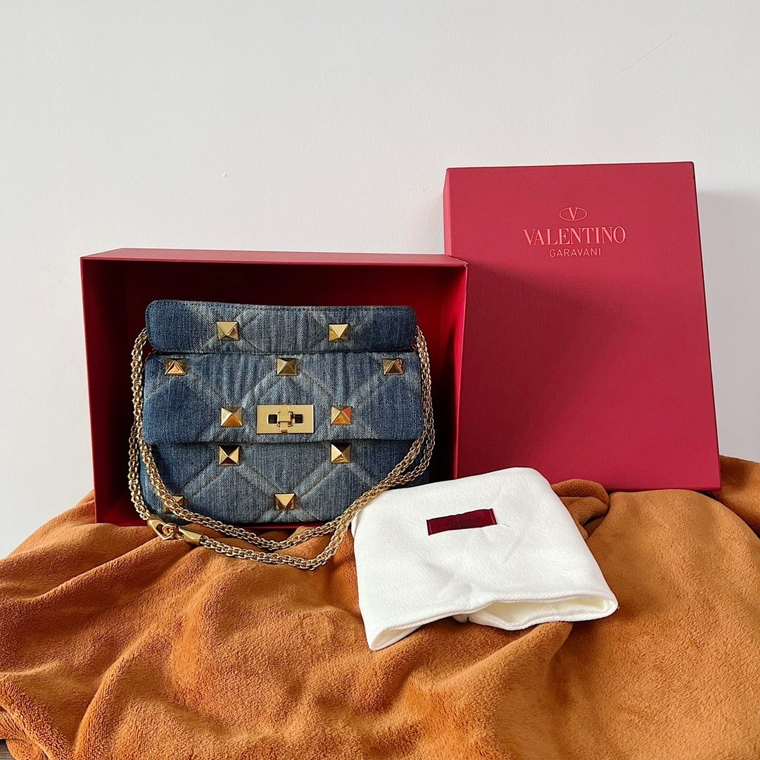 VALENTINO Garavani Roman Stud Quilted Denim Chain Shoulder Bag