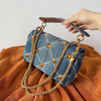 VALENTINO Garavani Roman Stud Quilted Denim Chain Shoulder Bag