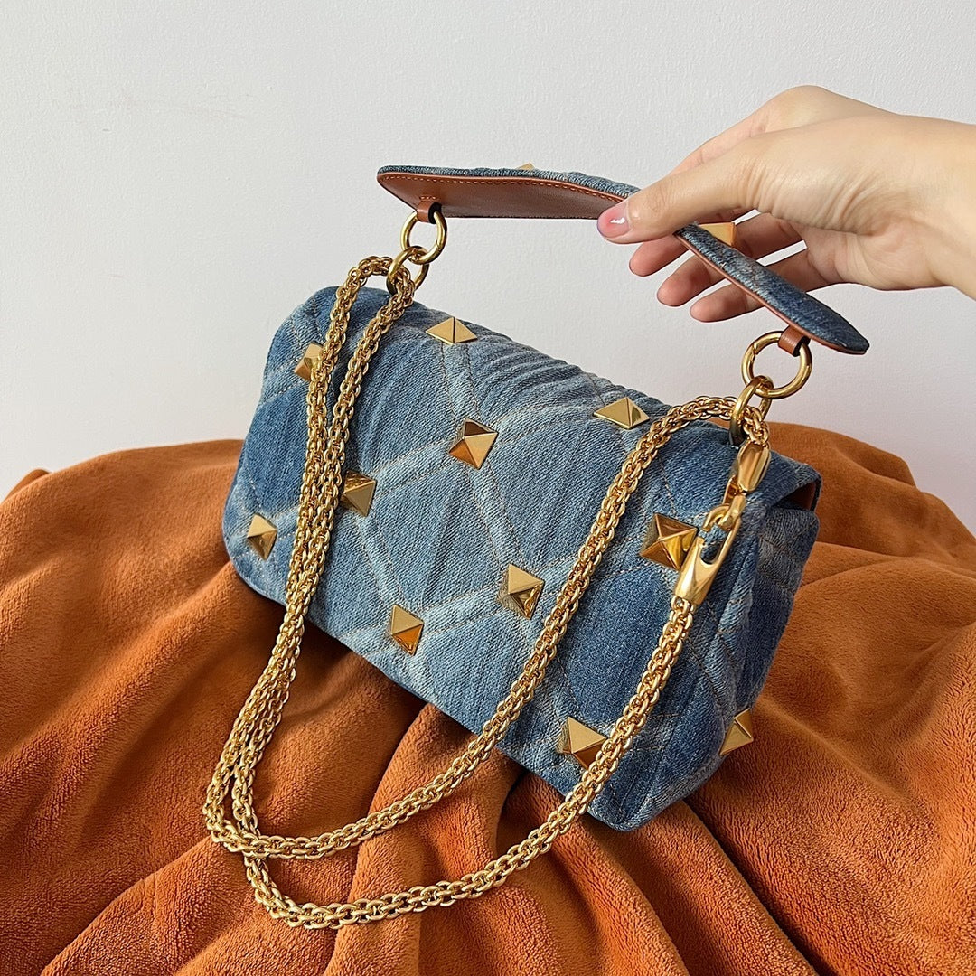 VALENTINO Garavani Roman Stud Quilted Denim Chain Shoulder Bag