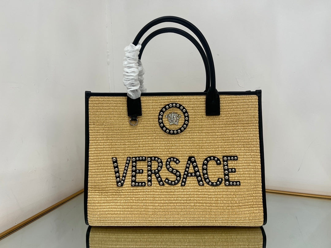VERSACE Raffia Logo Tote Bag