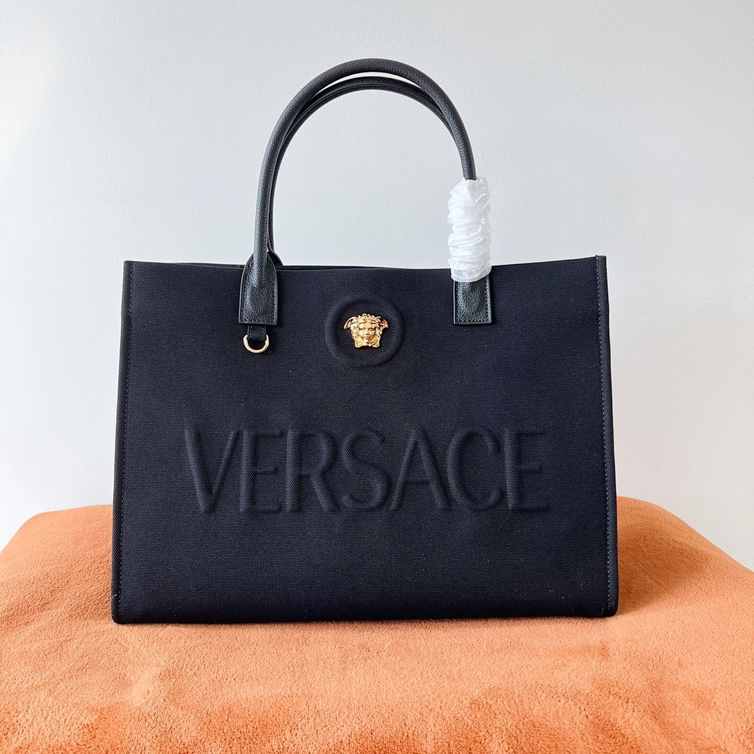 VERSACE Denim Canvas Logo Tote Bag