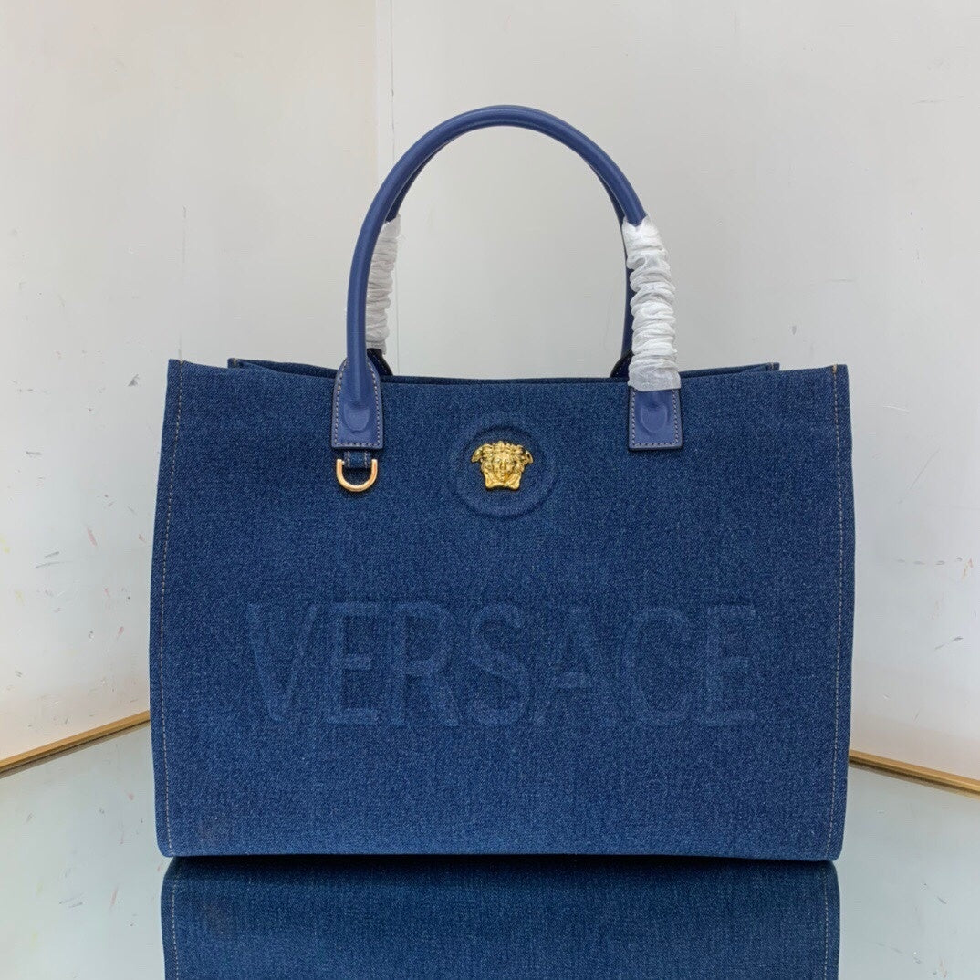 VERSACE Denim Canvas Logo Tote Bag