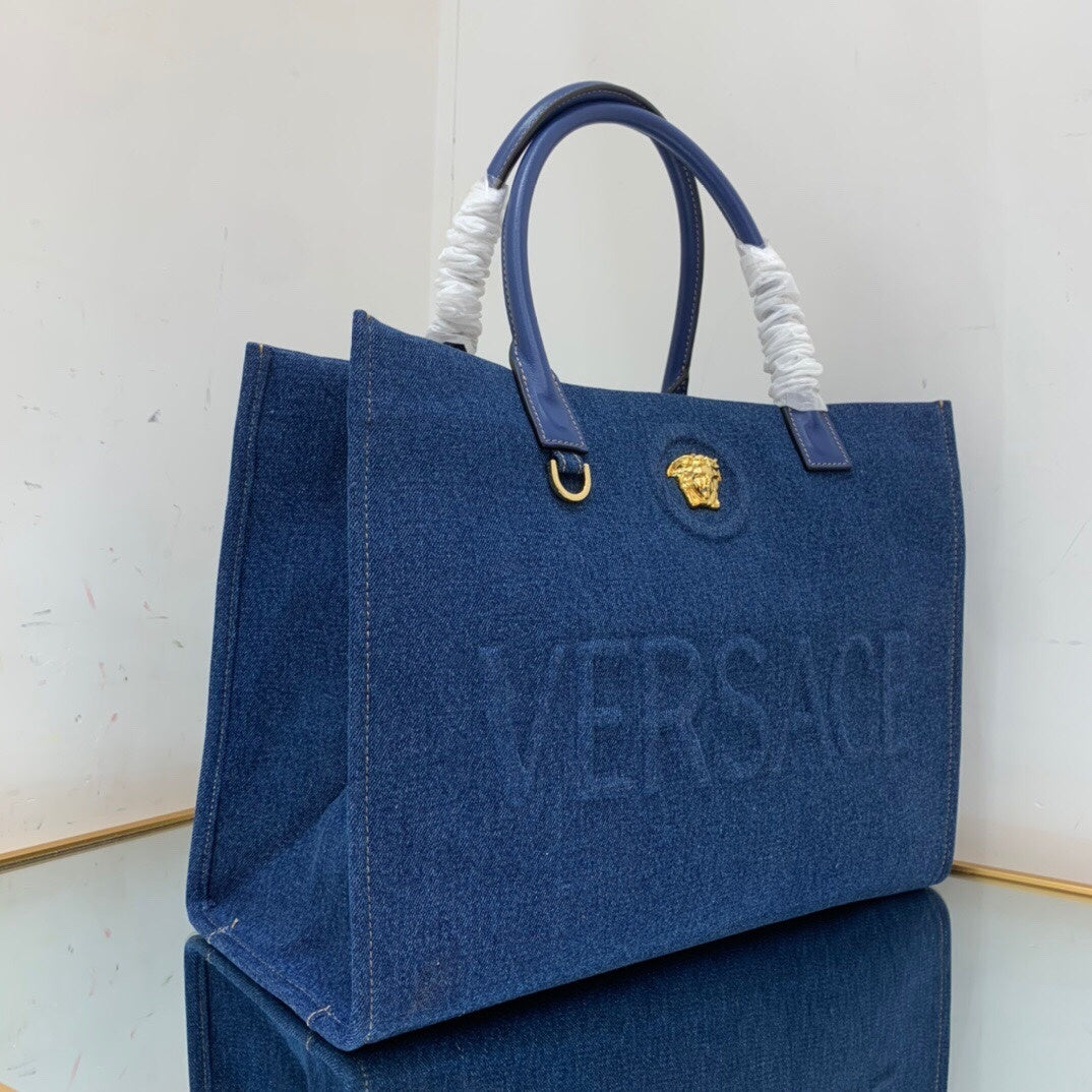 VERSACE Denim Canvas Logo Tote Bag