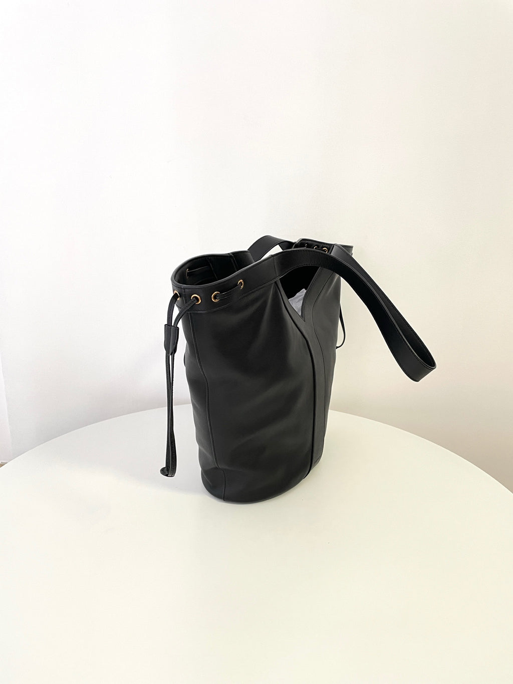 YSL Yves Saint Laurent Leather Drawstring Tote Bag