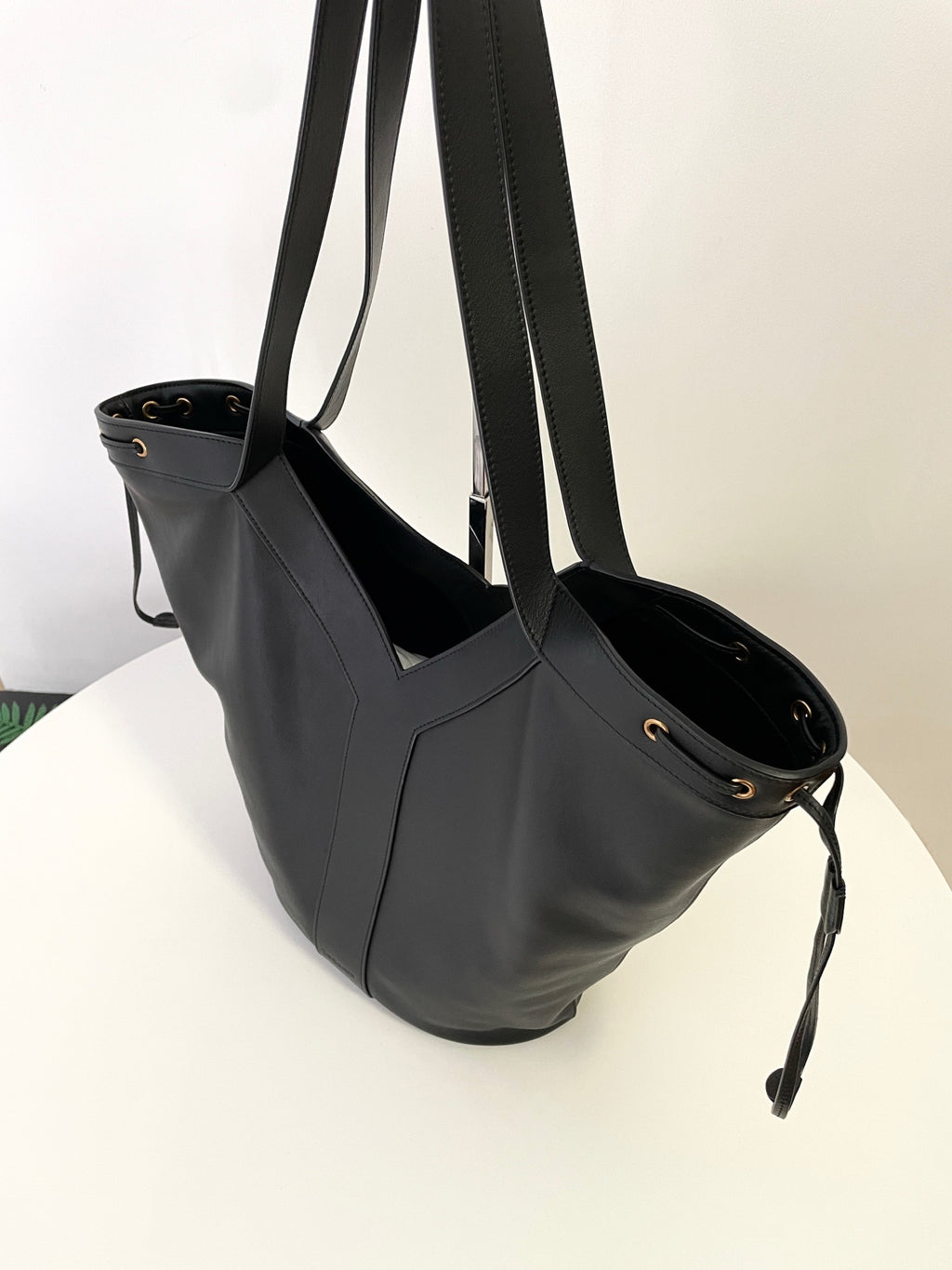 YSL Yves Saint Laurent Leather Drawstring Tote Bag