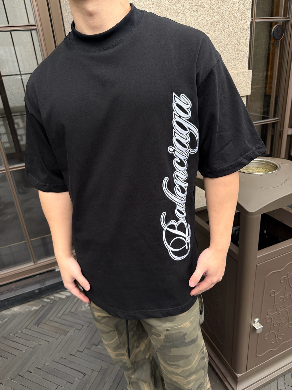 Balenciaga Crew Neck Cotton T-Shirt with Script Letter Embroidery