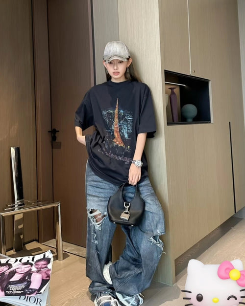 Balenciaga Eiffel Tower Night View Printed Cotton T-Shirt
