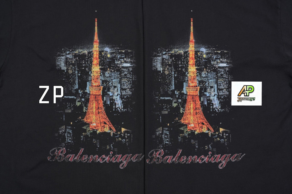 Balenciaga Eiffel Tower Night View Printed Cotton T-Shirt