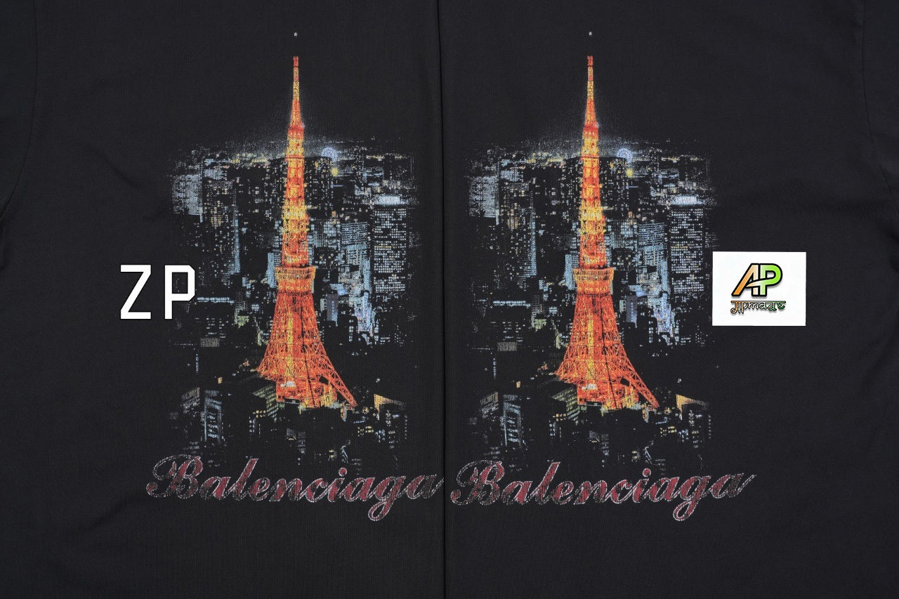 Balenciaga Eiffel Tower Night View Printed Cotton T-Shirt