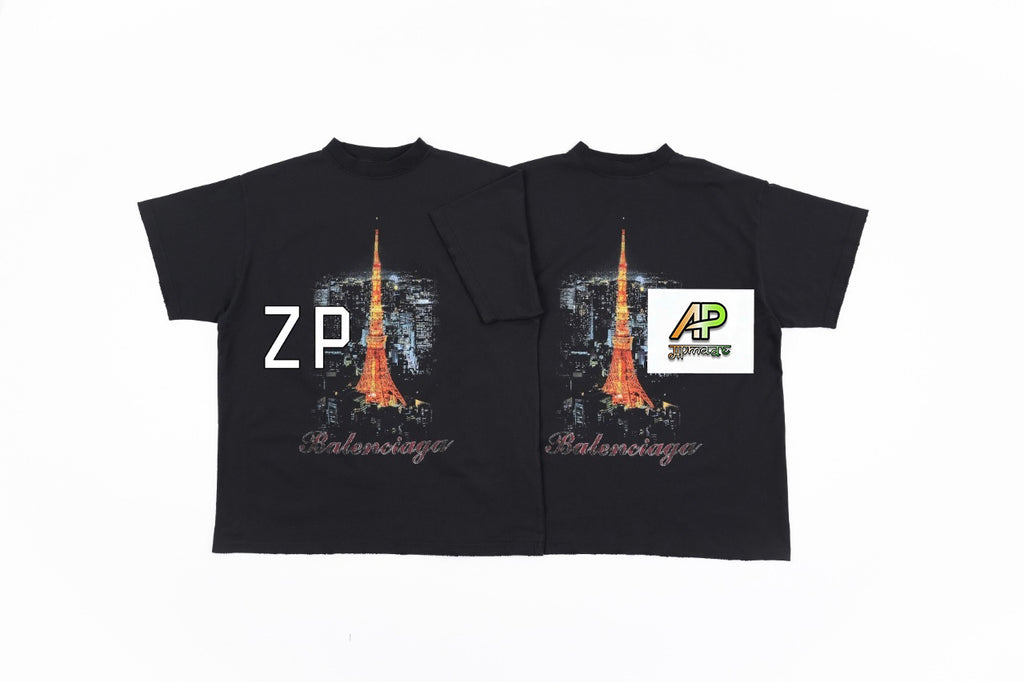 Balenciaga Eiffel Tower Night View Printed Cotton T-Shirt